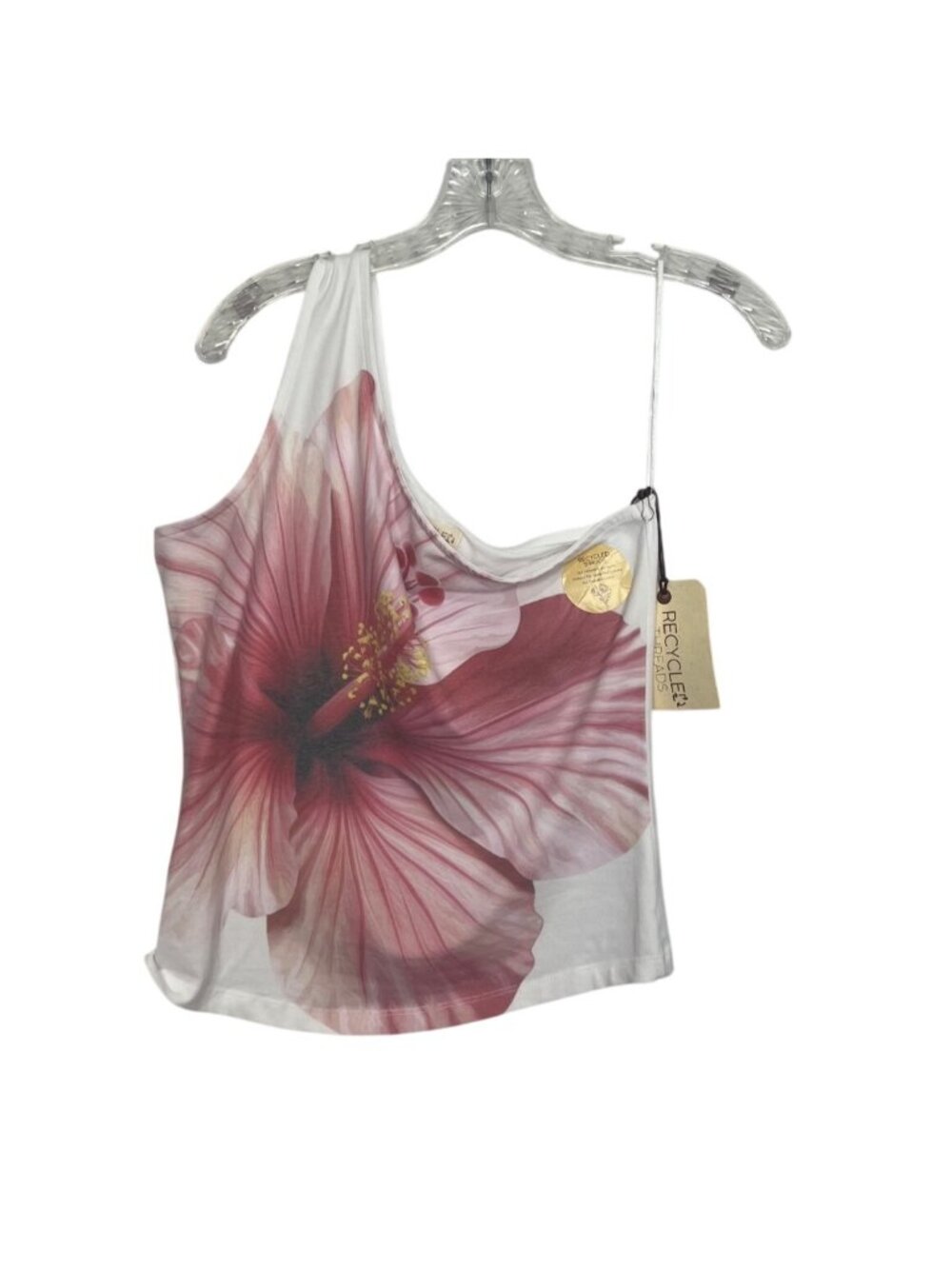 Recycled Threads Floral One Shoulder Tank Top XL White Pink Sustainable Fabric